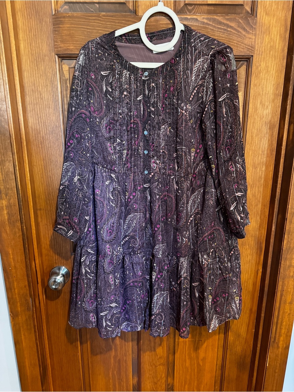 297. Lucky Brand Plum Paisley Long-Sleeve Tiered Dress - Picture 2 of 8